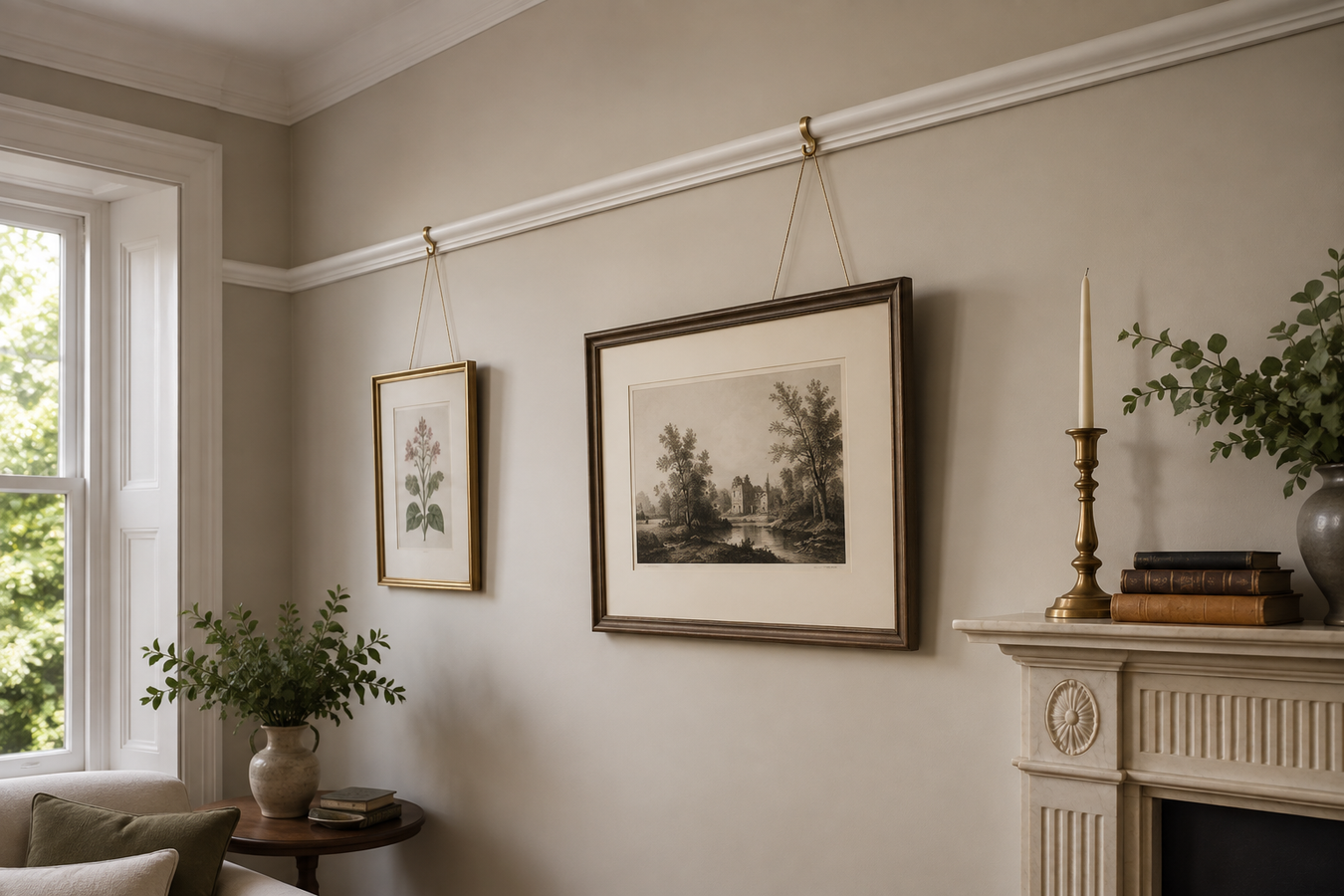 Traditional ovolo picture rail in a classic living room with framed artwork hung using picture hooks.
