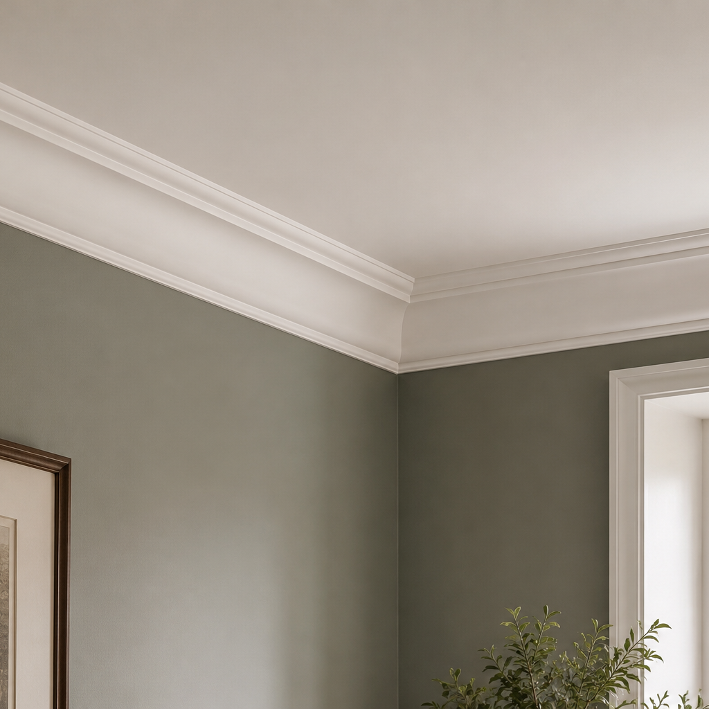 White Bead and Cavetto cornice installed in a traditional room with decorative ceiling moulding.