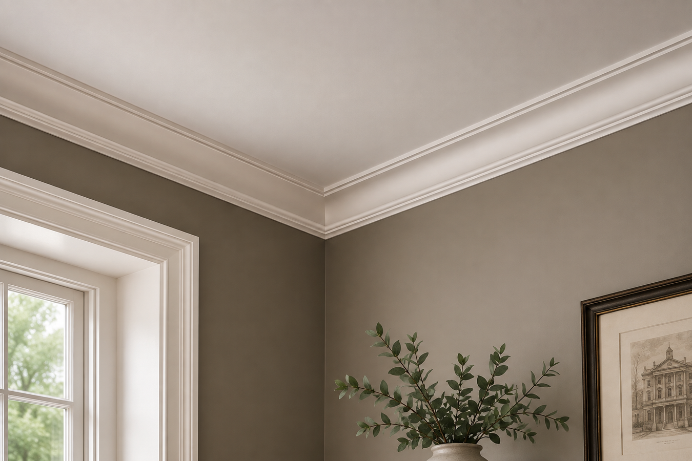 White Bead and Cavetto cornice installed in a traditional room with decorative ceiling moulding.