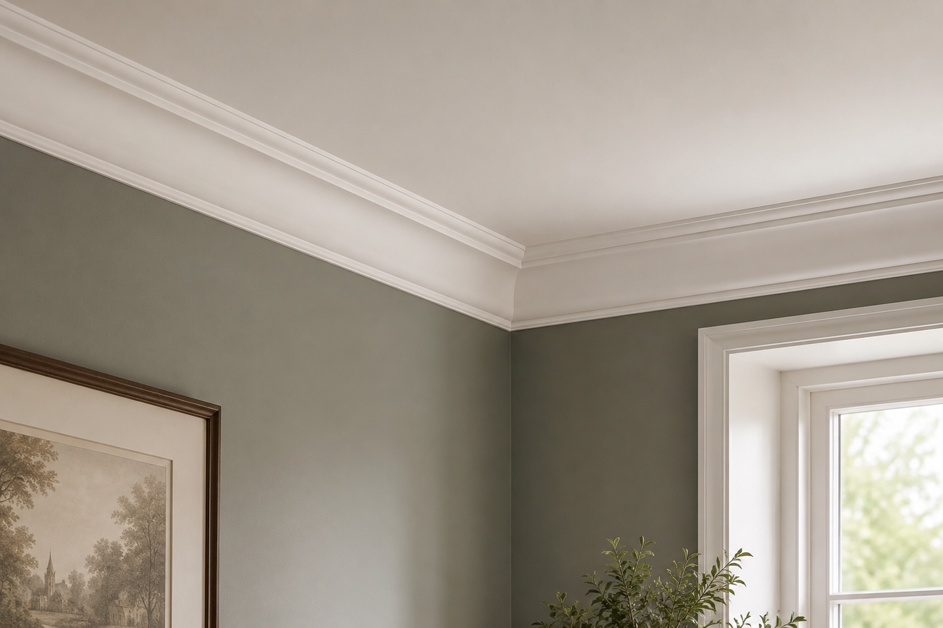 Traditional room featuring a white Lambs Tongue cornice with elegant ceiling moulding detail.