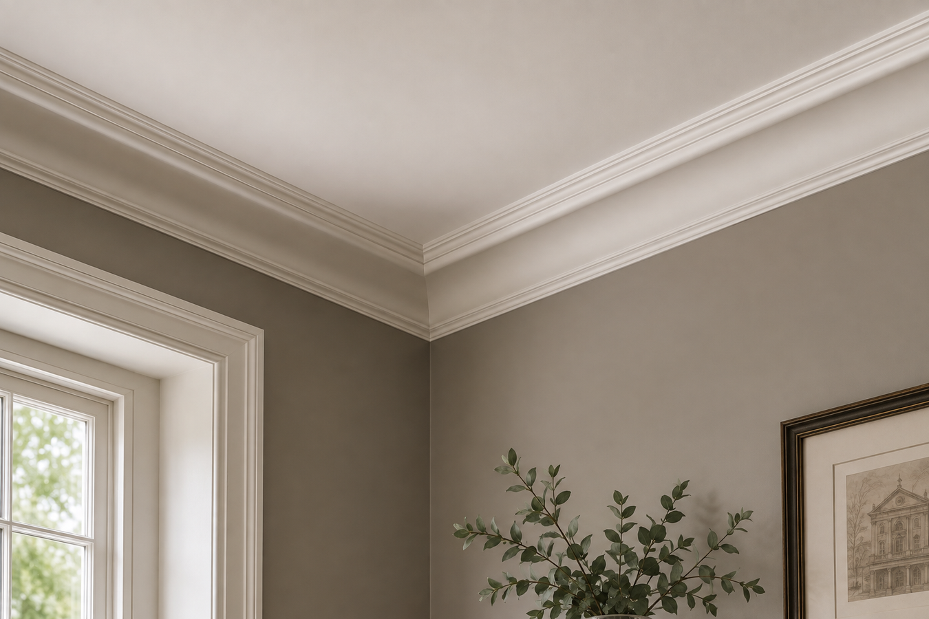 White Ovolo cornice installed in a traditional interior with decorative ceiling moulding.