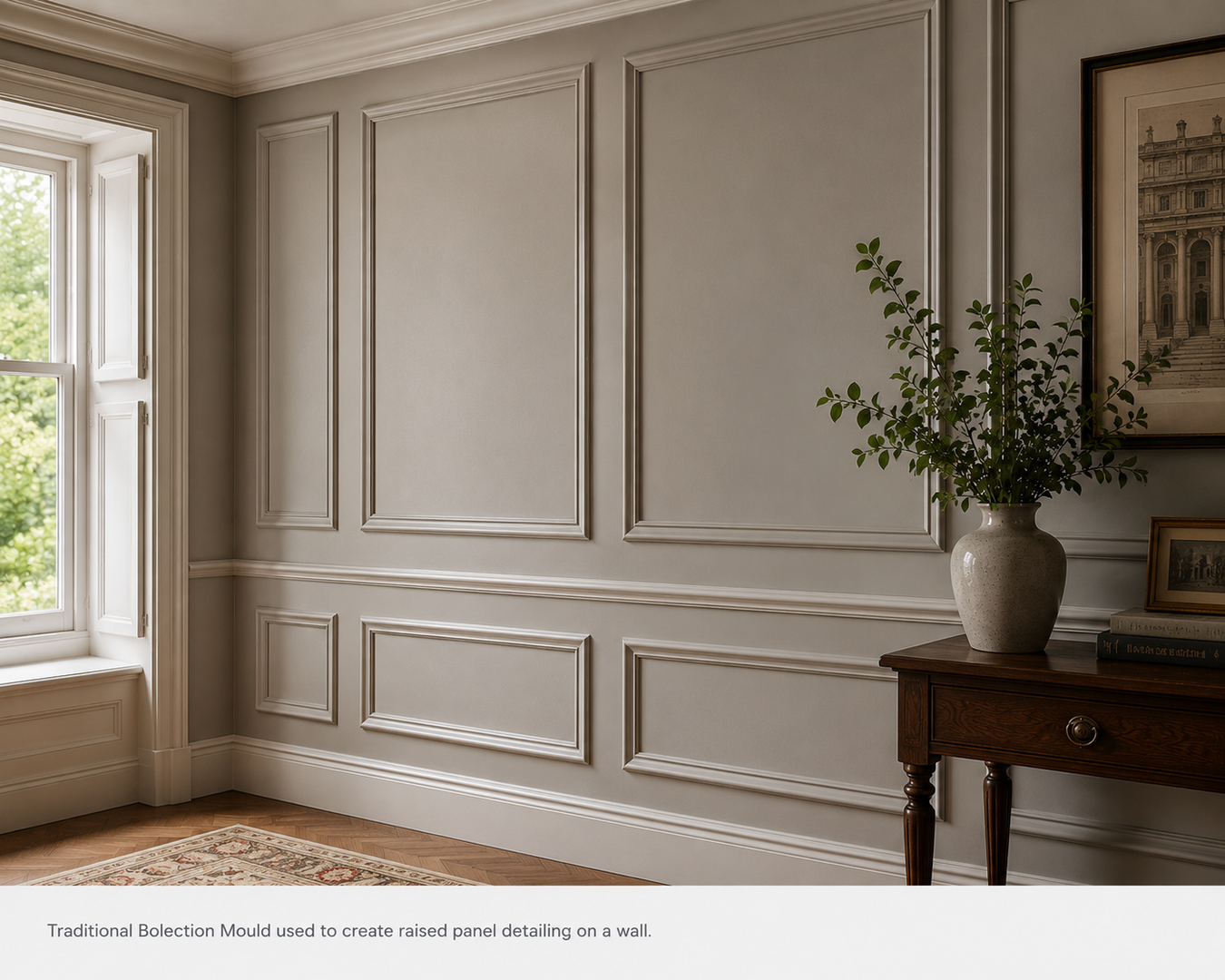 Traditional bolection moulding used to create decorative raised panel detailing in a classic interior.