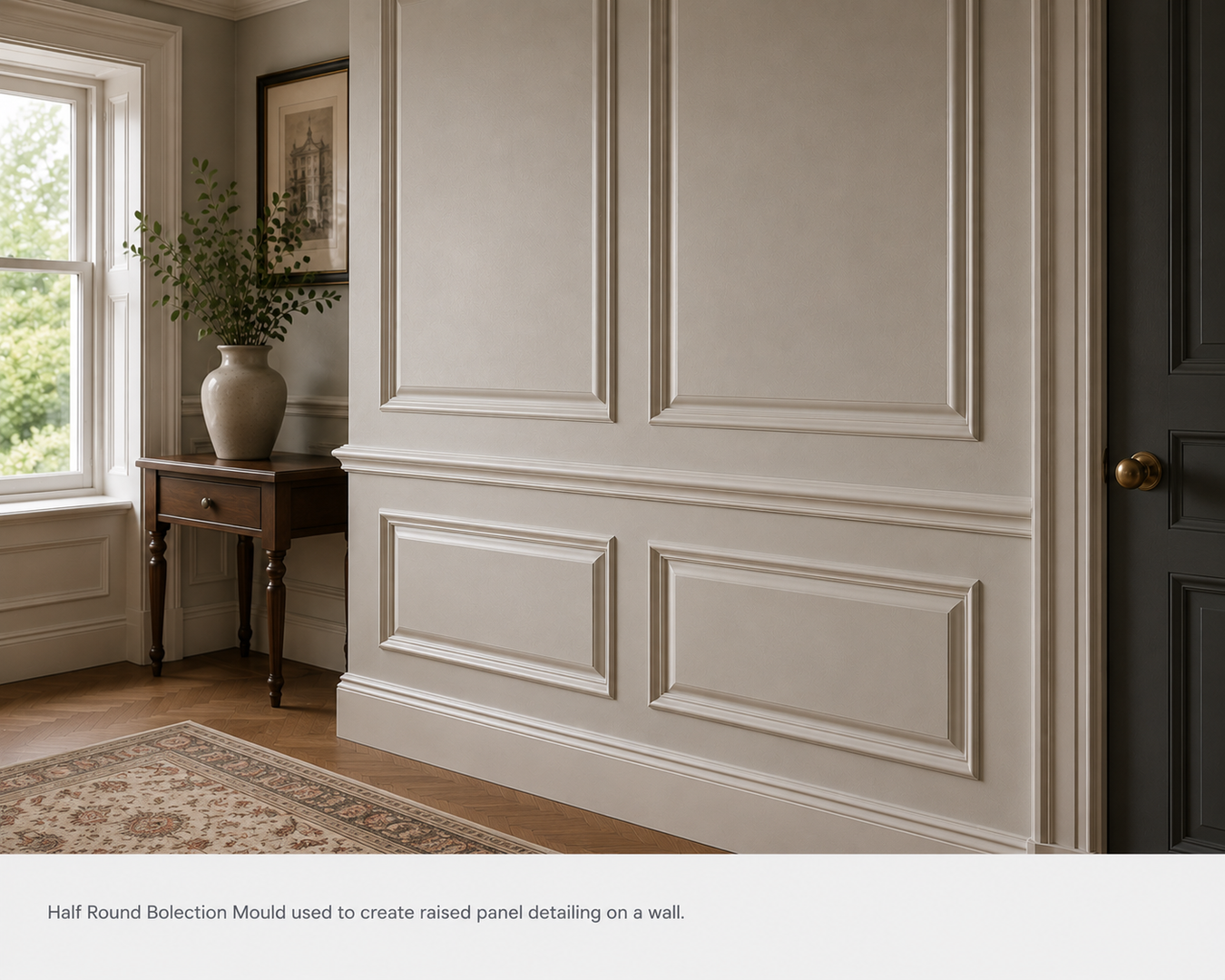 Traditional interior featuring Half Round bolection moulding used to create decorative raised wall panelling.