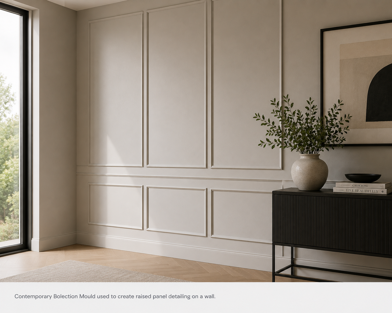 Contemporary bolection moulding creating minimalist raised wall panelling in a modern interior.