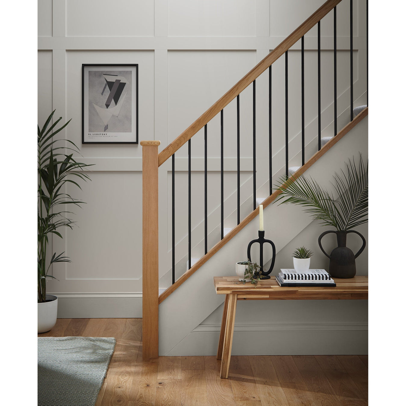 metal spindles used with oak newel, handrails and baserails