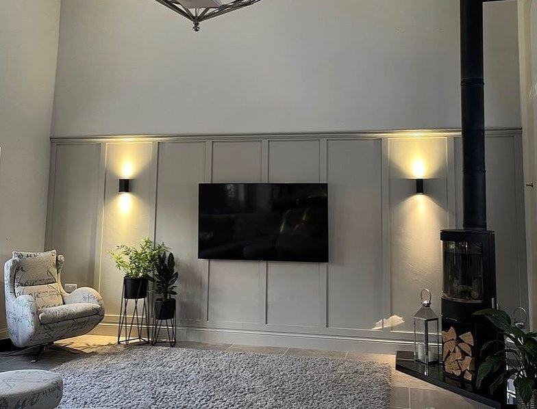 Wall Panel Kit used to create elegant shaker style living room wall 