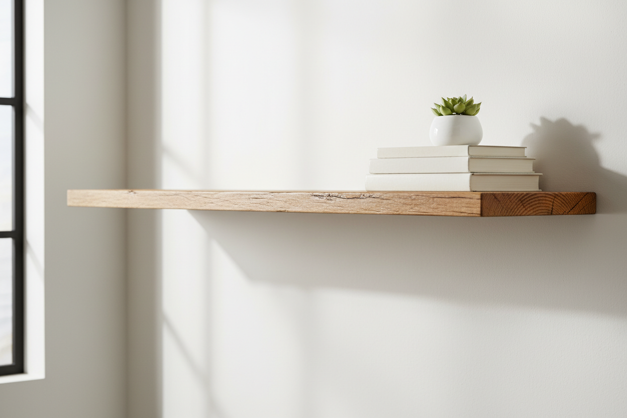 Solid timber floating shelf installed on a wall, made to measure in hardwood.