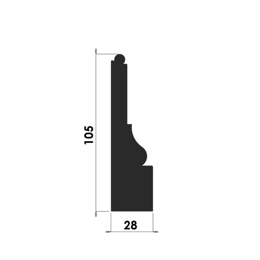 A109 ogee and bead architrave, 105mm x 28mm timber cross-section profile detail.