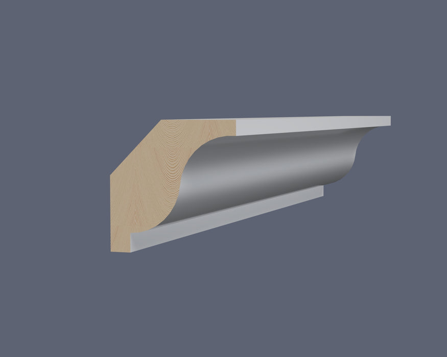 Lambs Tongue cornice C101 with a white primed finish and natural timber end grain.