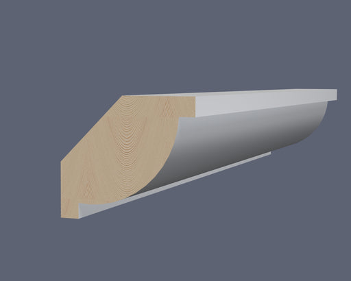 Lambs Tongue cornice C102 with a white primed finish and natural timber end grain.
