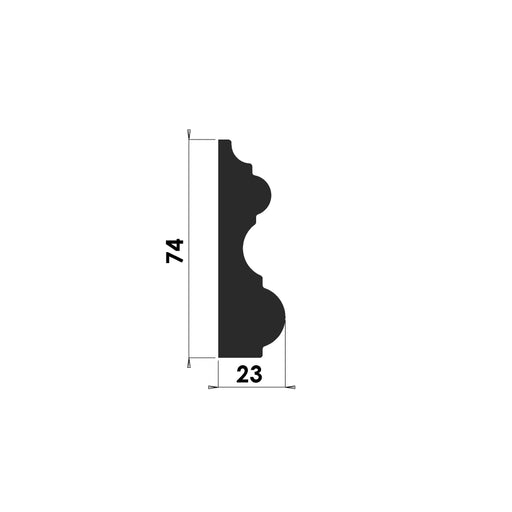 D112 astragal dado timber moulding, 74mm x 23mm profile cross-section detail cut
