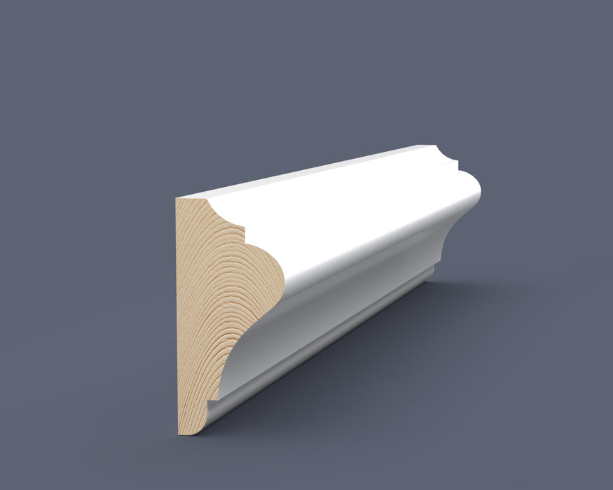 Ovolo Dado Rail D114 timber moulding, 70mm x 33mm traditional profile shown as a 3D render with exposed timber end grain.