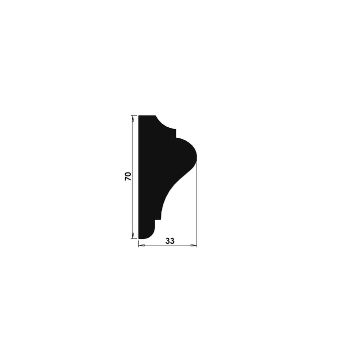 Technical drawing of Ovolo Dado Rail D114 showing the 70mm x 33mm timber moulding profile with dimensioned cross-section.