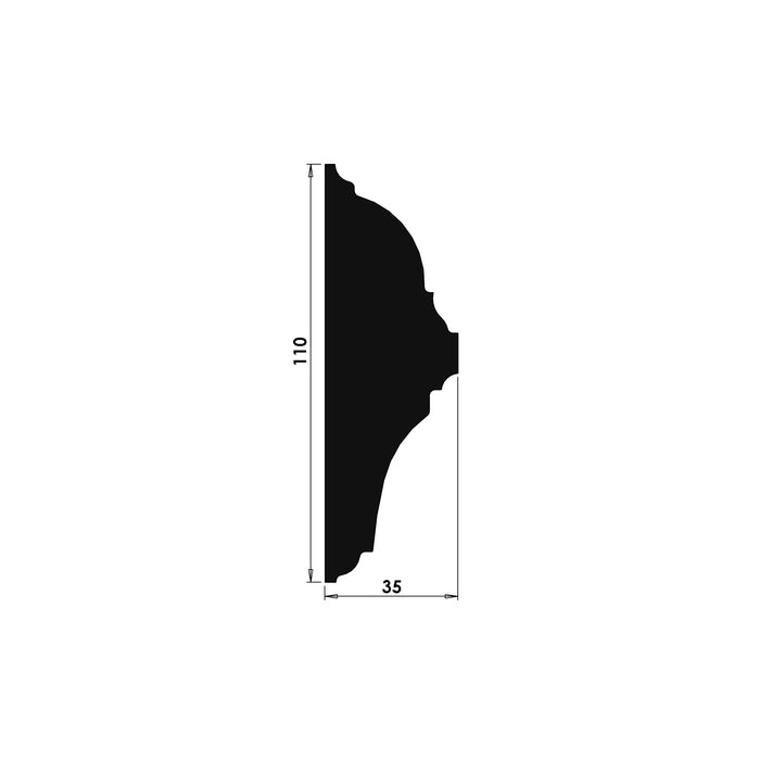 Technical cross-section drawing showing the Ovolo Dado Rail D115 profile with overall dimensions of 110mm x 35mm.